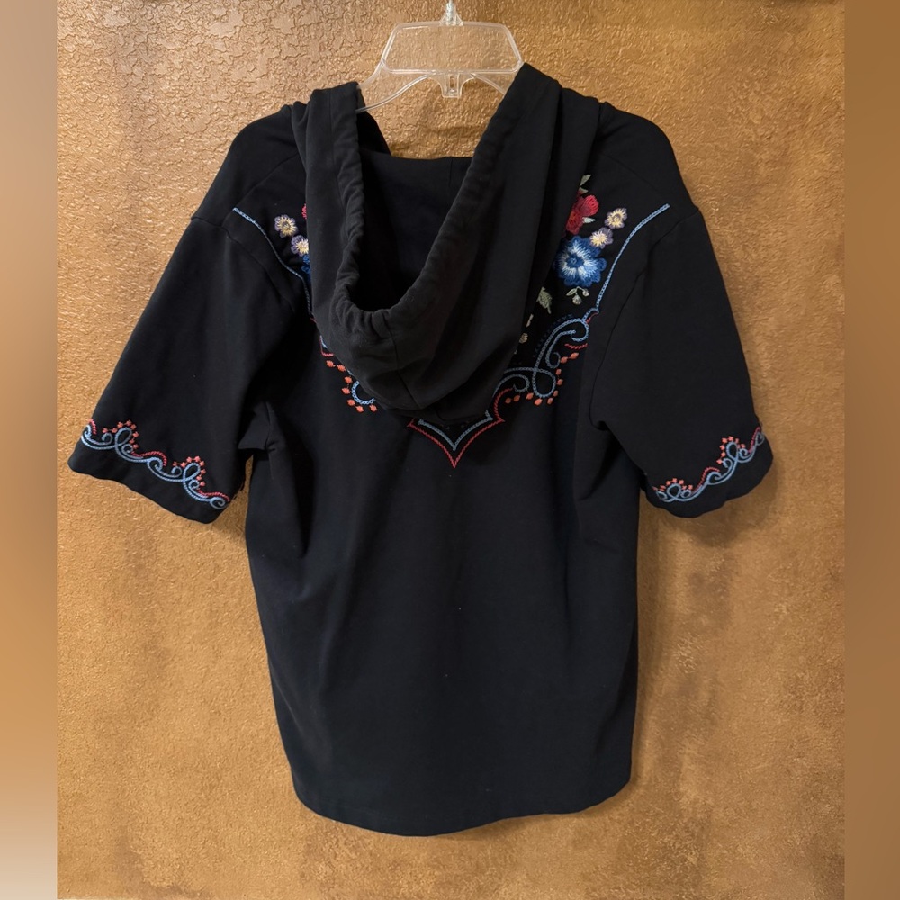 Johnny Was Black Floral Embroidered Notched Neck Pullover Hoodie Size Small - Picture 4 of 7